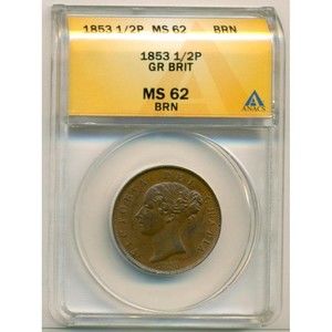 Great Britain Victoria 1853 1/2 Penny MS62 BRN ANACS
